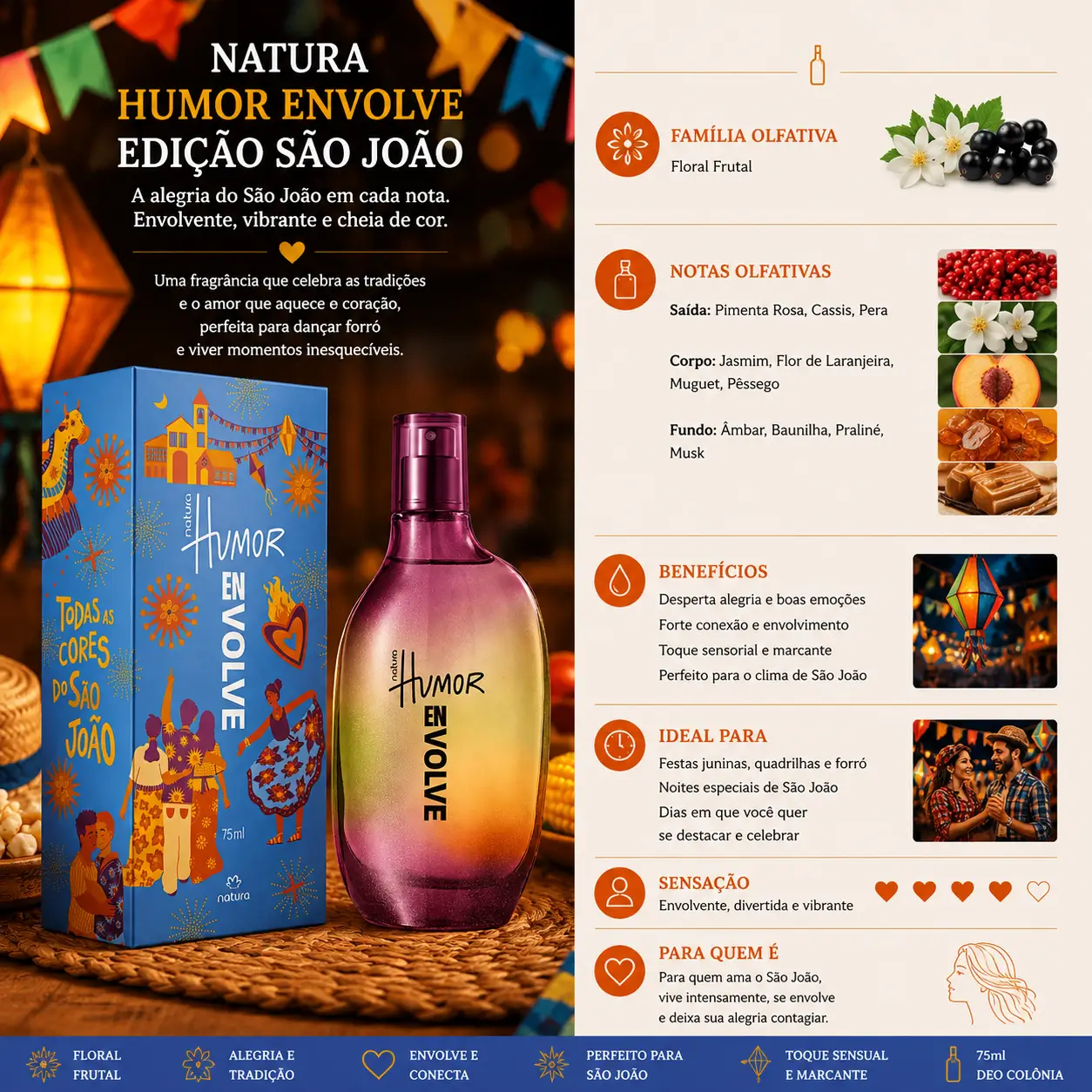 Perfume Natura Humor Envolve Edição São João com frasco e caixa em cenário de festa junina com bandeirinhas e luzes