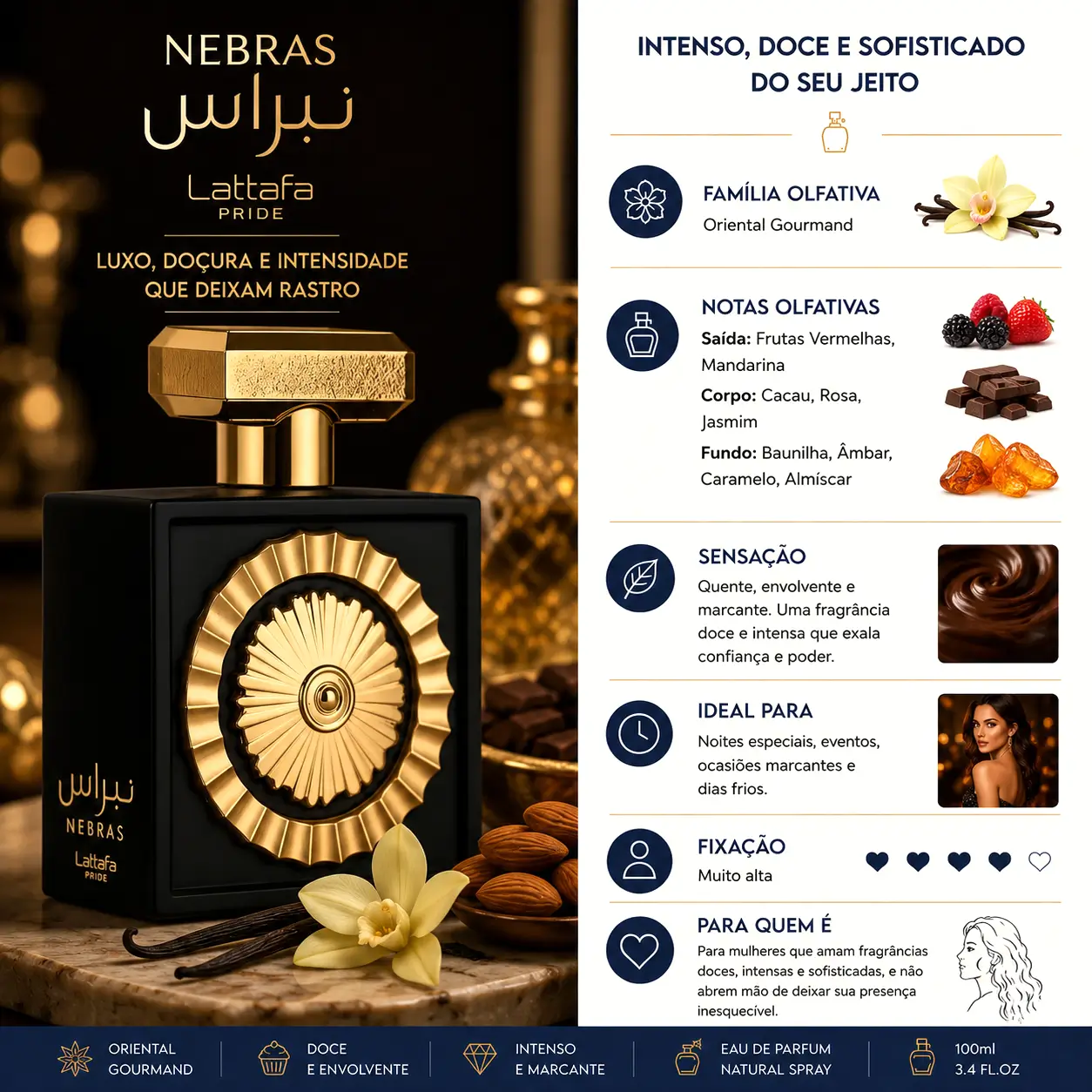 Perfumes árabes femininos para o frio Nebras Lattafa com frasco preto e dourado luxuoso e notas doces intensas