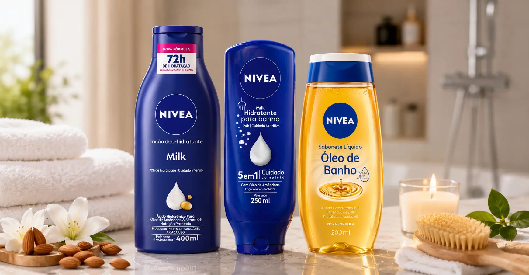NIVEA Hidratante para Banho Milk com óleo de amêndoas em ambiente de spa, ideal para hidratação no banho e cuidados com a pele seca no inverno