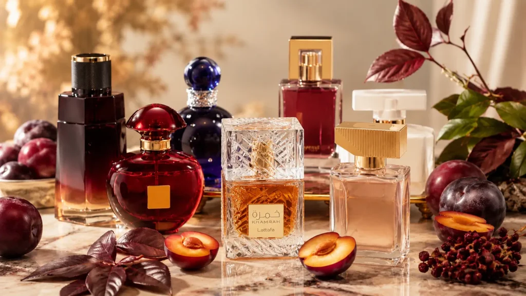 Perfumes com cheiro de ameixa reunidos em composição sofisticada com frutas escuras e atmosfera elegante para dias frios