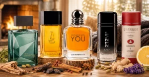 Perfumes masculinos para o inverno com fragrâncias intensas e amadeiradas em cenário aconchegante com especiarias e madeira