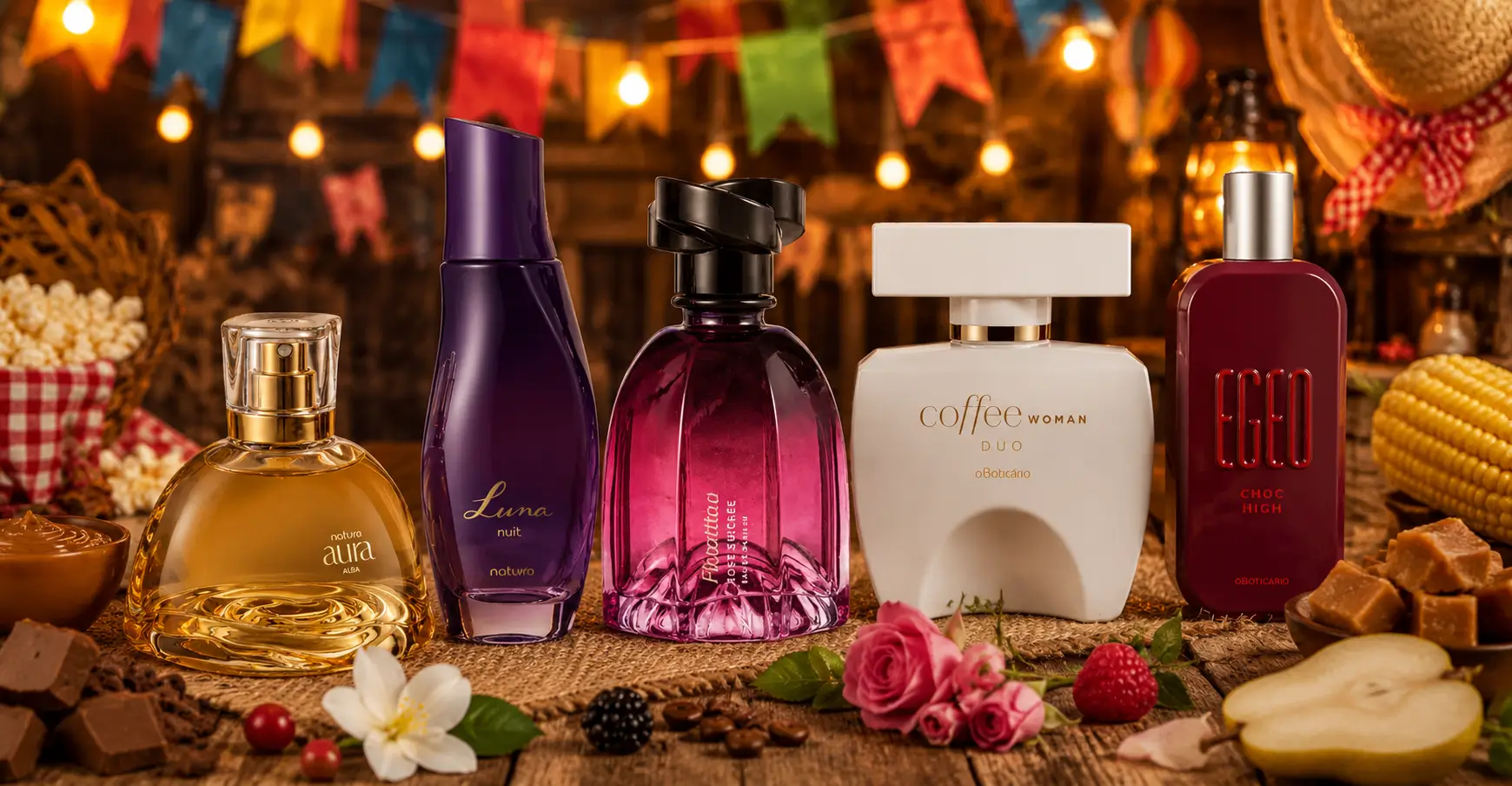 Perfumes que lembram festa junina em cenário rústico com doces típicos, milho, luzes e fragrâncias doces e aconchegantes