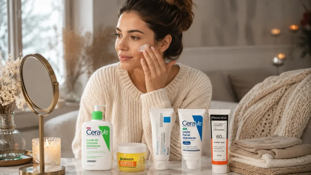 Skincare no inverno com rotina de limpeza, hidratação e proteção solar durante os dias frios