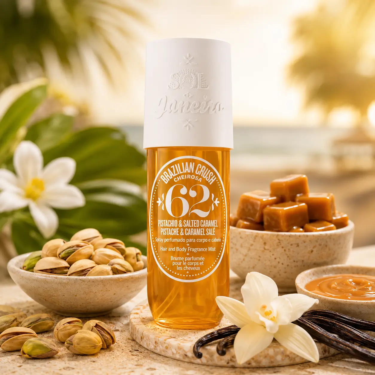 Sol de Janeiro Cheirosa 62 body mist com notas de pistache e caramelo salgado em cenário tropical com elementos da fragrância