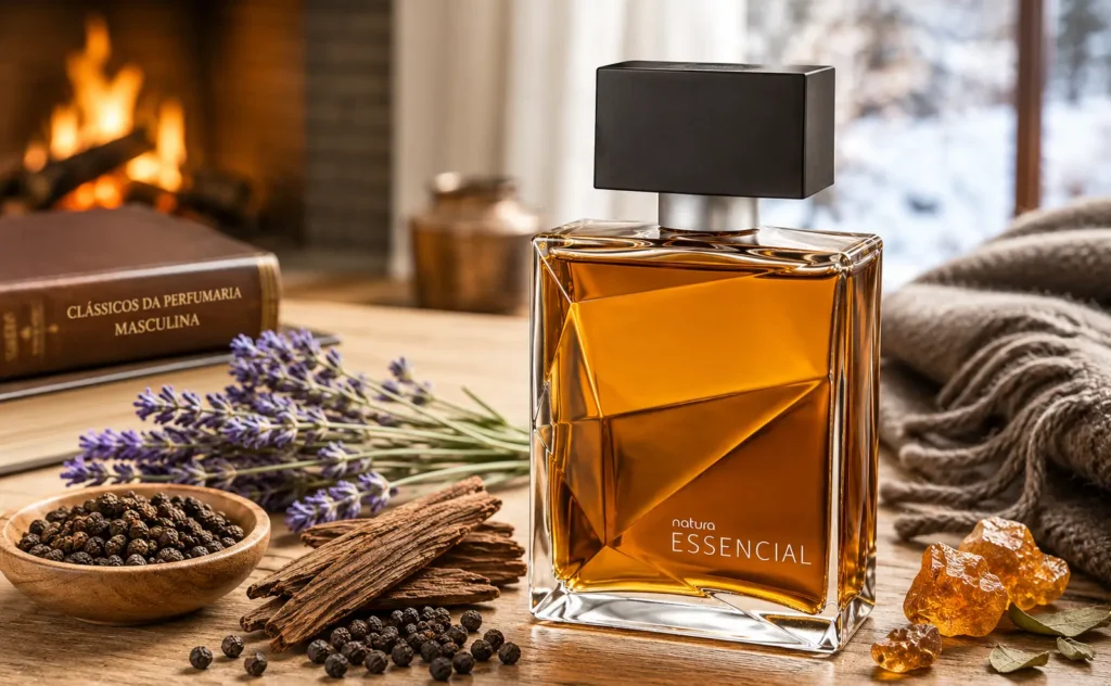 Perfume Essencial Masculino da Natura em frasco sofisticado com líquido âmbar em cenário aconchegante de inverno