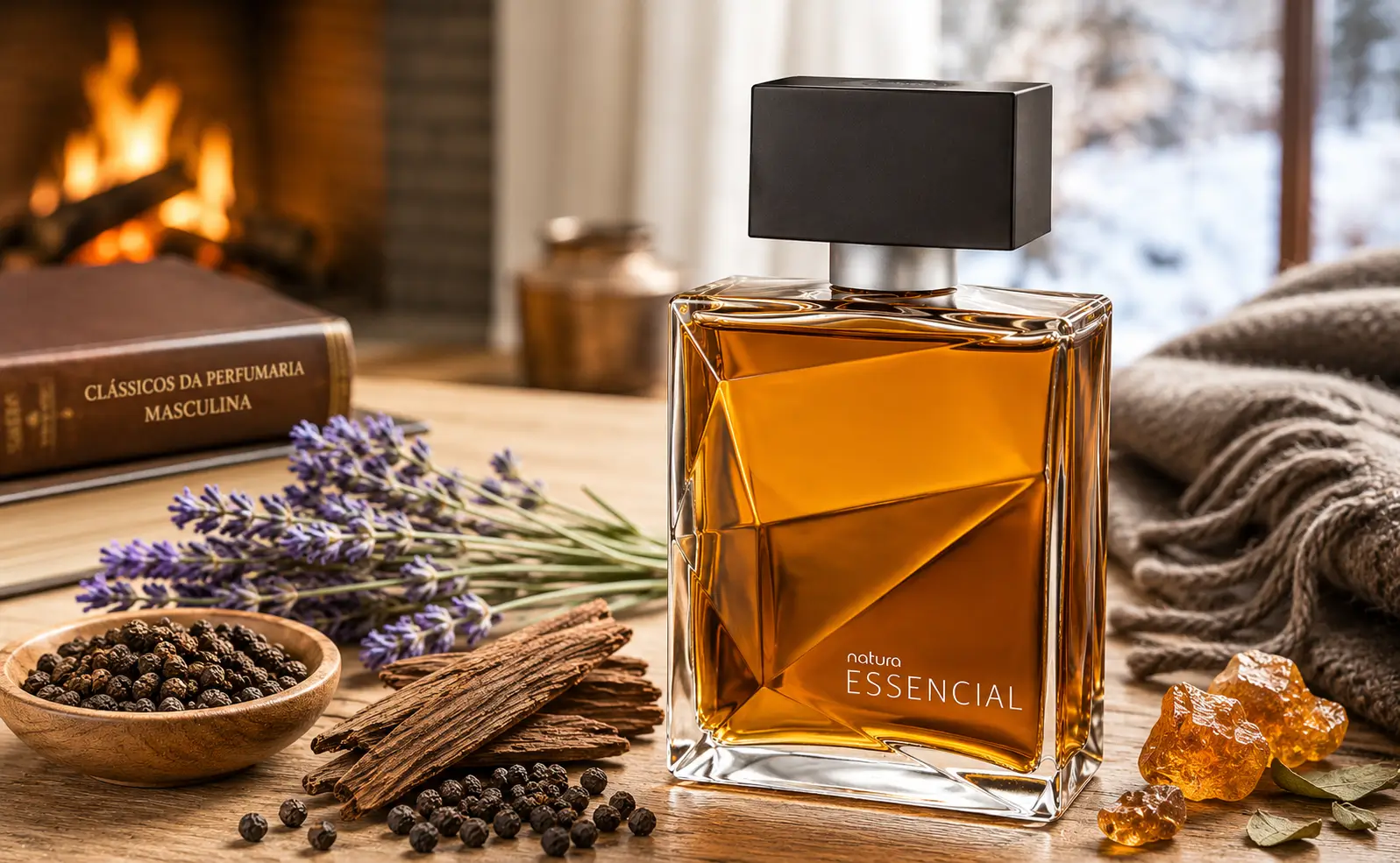 Perfume Essencial Masculino da Natura em frasco sofisticado com líquido âmbar em cenário aconchegante de inverno