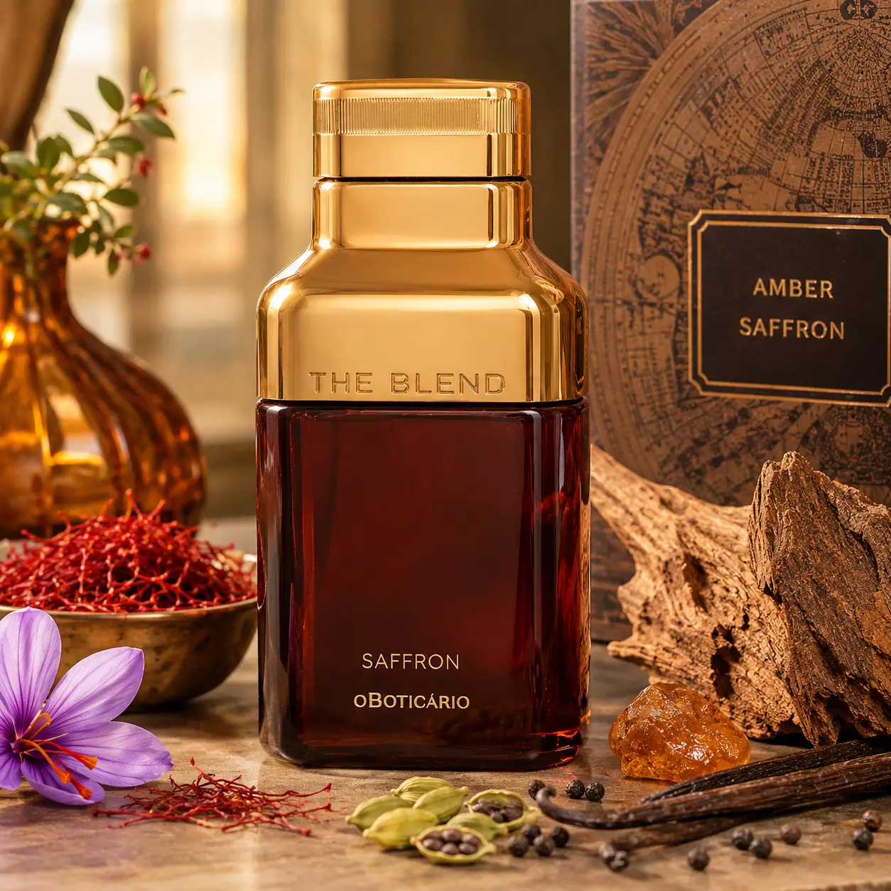 Perfume The Blend Amber Saffron do Boticário em cenário sofisticado com especiarias, ideal como um dos perfumes para usar no Dia dos Namorados