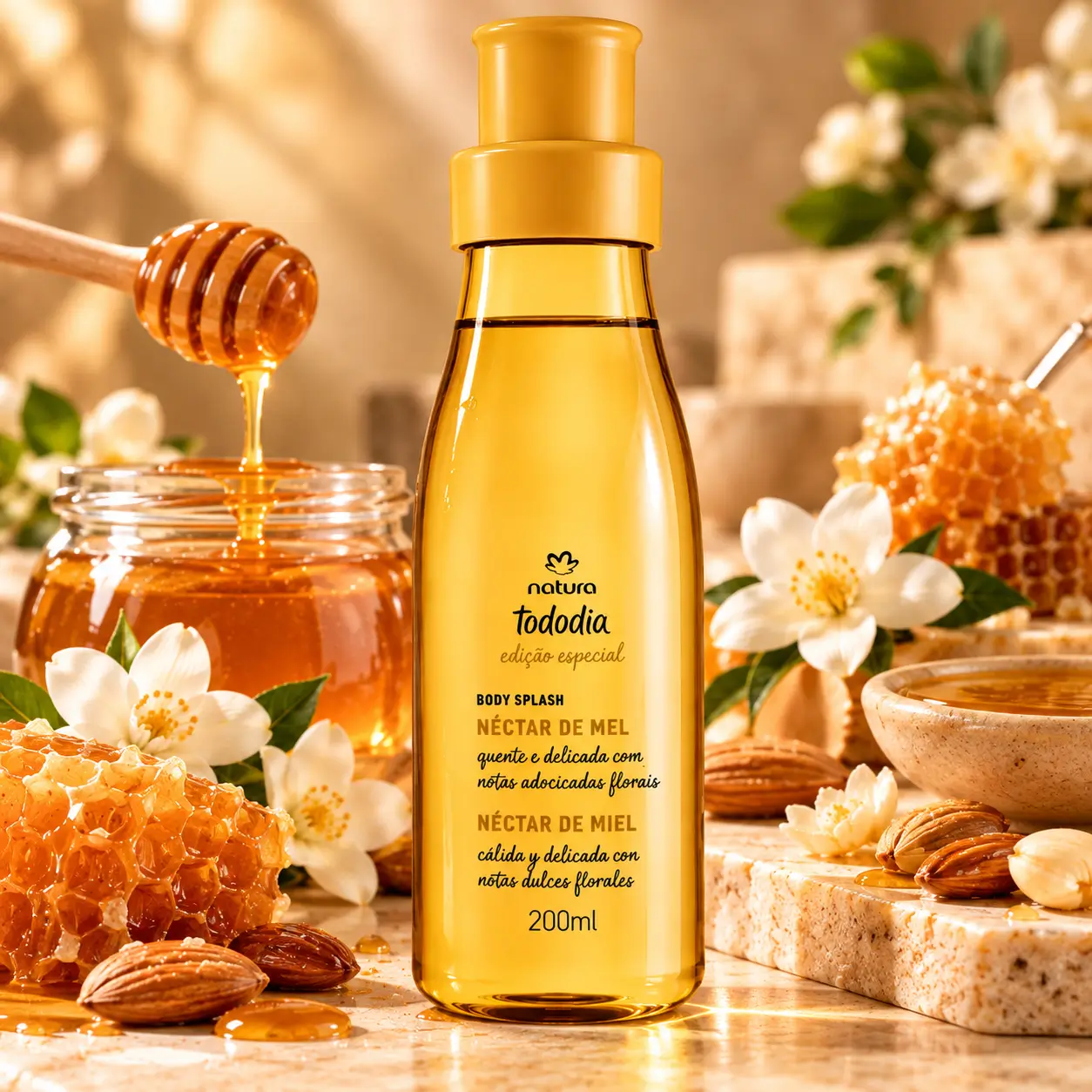 Body Splash Natura Tododia Néctar de Mel 200 ml, com frasco dourado cercado por mel, favos, amêndoas e flores brancas.