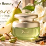 Rare Beginnings da Rare Beauty, perfume floral frutado com notas de pistache, pera e baunilha.