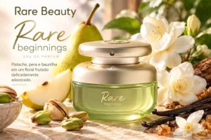 Rare Beginnings da Rare Beauty, perfume floral frutado com notas de pistache, pera e baunilha.